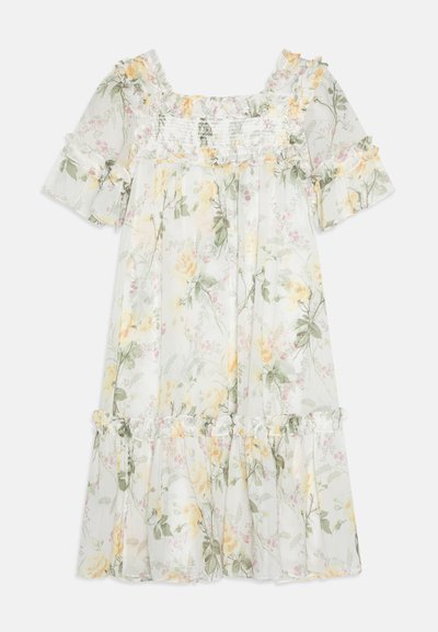 Gėlių raštuotas midi suknelė su trumpomis ruffles rankovėmis, surinkta liemens dalimi ir pakopinėmis ruffles prie apatinės dalies. Spalvos: šviesiai žalia, geltona ir rožinė.