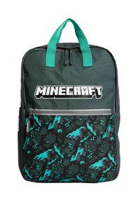 Rugzak met een donkergroene stof en een turquoise grafisch patroon, met het logo "MINECRAFT" en verstelbare schouderbanden.