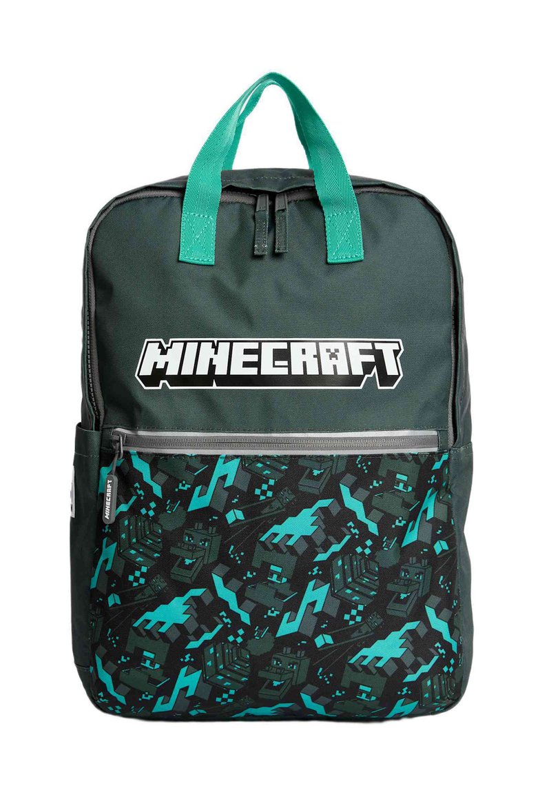 Rugzak met een donkergroene stof en een turquoise grafisch patroon, met het logo "MINECRAFT" en verstelbare schouderbanden.