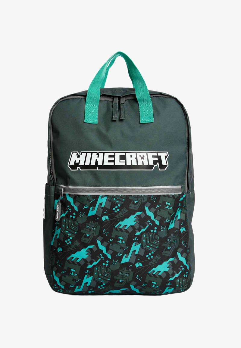 Mochila con tejido verde oscuro y un patrón gráfico turquesa, con el logo que dice "MINECRAFT" y correas ajustables.