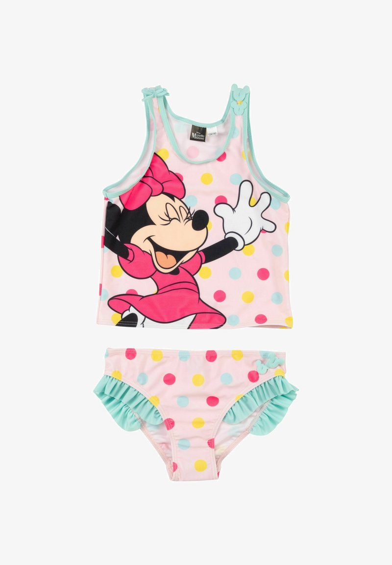 Set da costumi da bagno con un top rosa chiaro caratterizzato da un motivo a pois e un personaggio dei cartoni animati. I pantaloni hanno volant color turchese e pois multicolori.