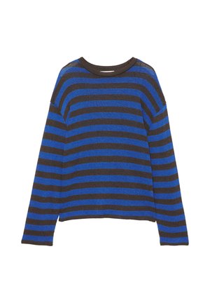 Sweter dzianinowy z długim rękawem, z poziomymi czarnymi i jaskrawoniebieskimi paskami oraz okrągłym kołnierzem.