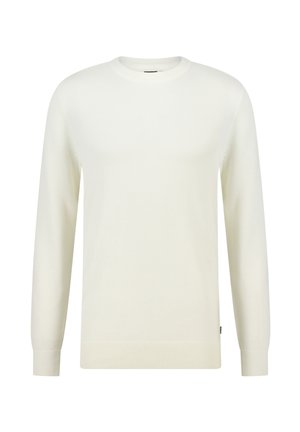 Een lange mouw plain witte crewneck trui met ribbelmanchetten en hem, ontworpen voor casual of formele kleding.