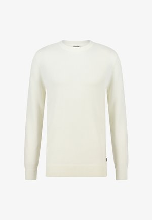 Een lange mouw plain witte crewneck trui met ribbelmanchetten en hem, ontworpen voor casual of formele kleding.