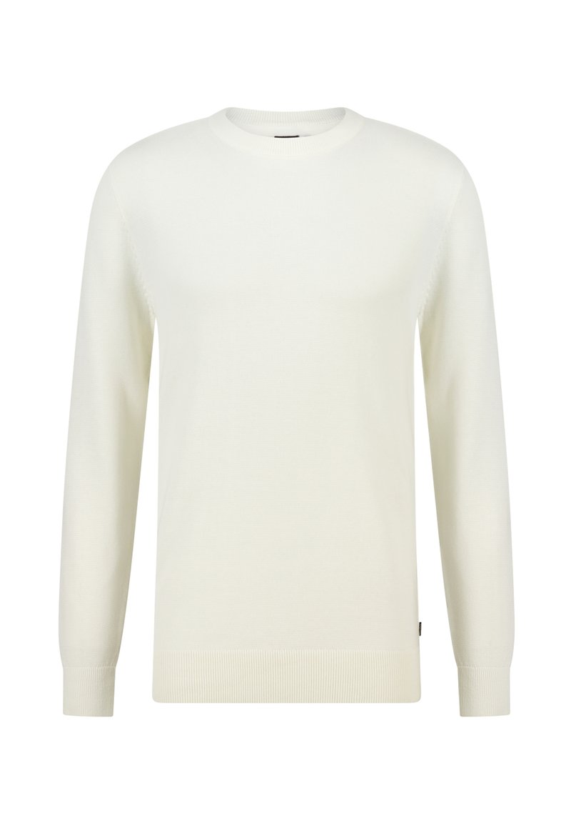 Een lange mouw plain witte crewneck trui met ribbelmanchetten en hem, ontworpen voor casual of formele kleding.