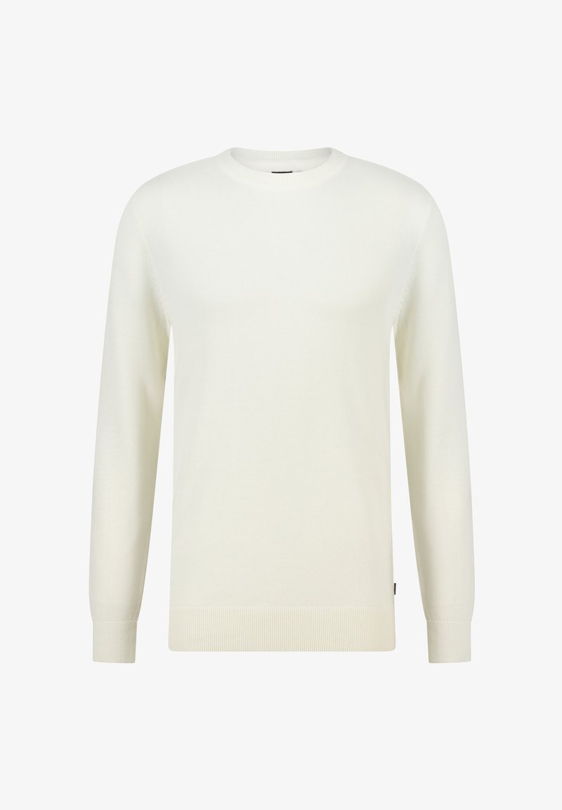 Een lange mouw plain witte crewneck trui met ribbelmanchetten en hem, ontworpen voor casual of formele kleding.