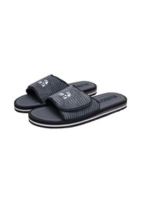 Sandales à glissière noires et grises avec une sangle en tissu côtelé, surface texturée et une semelle bicolore avec des rayures blanches. Logo de la marque sur la sangle.