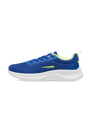 Zapatillas deportivas azules con parte superior de malla, acentos amarillos en contraste, cuello acolchado y suela texturizada blanca. Presentan cordones para un ajuste seguro.