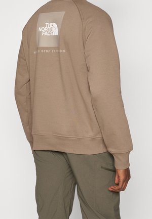 Personne portant un sweat-shirt beige The North Face avec logo et texte "Never Stop Exploring" au dos, assorti à un pantalon cargo vert olive.
