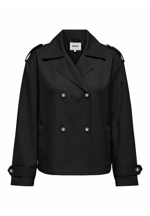 Veste noire à double boutonnage avec col large, épaulettes, poignets boutonnés et poches latérales, étiquette « ONLY » à l'intérieur du col.