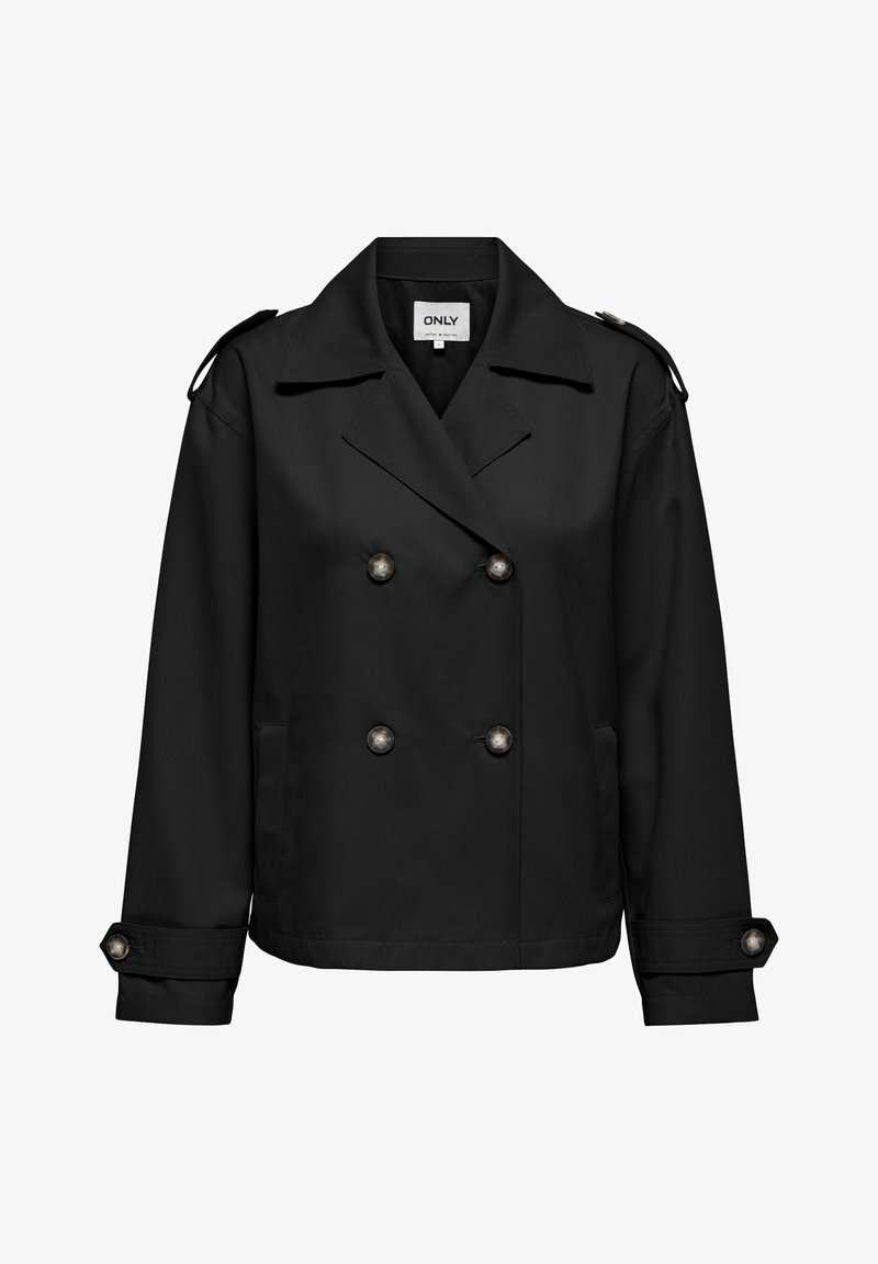 Veste noire à double boutonnage avec col large, épaulettes, poignets boutonnés et poches latérales, étiquette « ONLY » à l'intérieur du col.