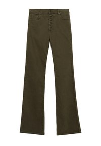 Flared green pants made of cotton denim, featuring a button fly, five pockets, and a textured finish with contrasting stitching details.