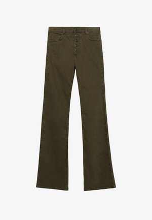 Pantalons évasés verts en denim de coton, dotés d'une fermeture à boutons, de cinq poches et d'une finition texturée avec des détails de surpiqûres contrastantes.