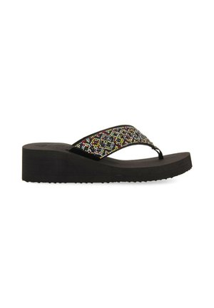 Sandale flip-flop noire avec une semelle de plate-forme texturée. La bride présente un motif de perles multicolores, ajoutant une touche de détail au design.