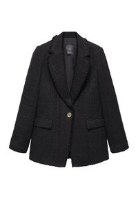 Schwarzer strukturierter Blazer mit Reverskragen, einem einzelnen goldenen Knopfverschluss und zwei Vordertaschen. Der Stoff hat eine gewebte Optik.