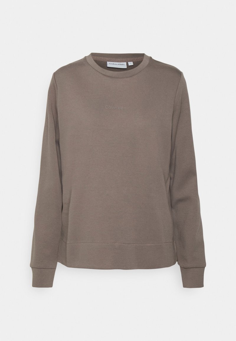 Sweat-shirt marron à manches longues Calvin Klein col rond avec un petit logo brodé sur la poitrine et des poignets côtelés.