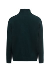 Dunkelgrüner Strickpullover mit hohem Kragen, langen Ärmeln und Rippbündchen an den Ärmelenden sowie am Saum. Glatte Textur ohne Muster oder Hardware-Details.