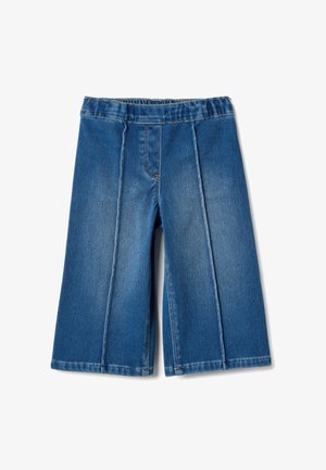 Blauwe denim culottes met een elastische tailleband, wijde pijpen en contrasterende stiksel details aan de voorkant. Soepele textuur en mid-rise pasvorm.