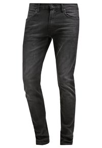 Svarta denimjeans med slim fit, femficksdesign, framknapp och dragkedja. Släta med subtila blekningar.