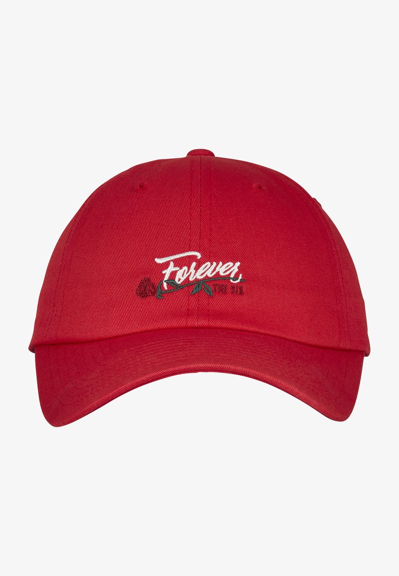 Red cotton cap with a curved brim, featuring white embroidered text "Forever" and a rose graphic on the front panel.