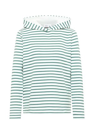 Gestreifter Kapuzenpullover mit abwechselnd Türkis- und weißen, horizontalen Streifen, aus weichem Stoff, langen Ärmeln und einer doppellagigen Kapuze.