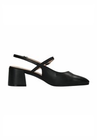 Zwarte leren slingback schoen met een spitse neus en een lage blokhak. Heeft kruisbanden en een gladde textuur.