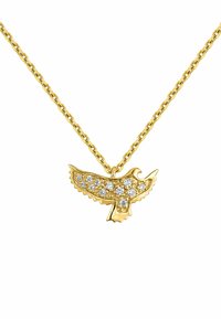 Collar de tono dorado con un colgante en forma de halcón adornado con brillantes piedras de strass transparentes, sobre una delicada cadena trenzada.