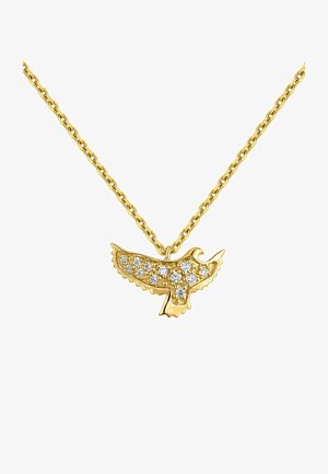 Collar de tono dorado con un colgante en forma de halcón adornado con brillantes piedras de strass transparentes, sobre una delicada cadena trenzada.