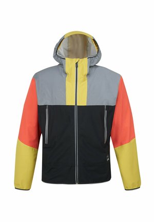 Colorful windbreaker jacket featuring a grey, yellow, black, orange design, with a hood, front zipper, and textured fabric accents.