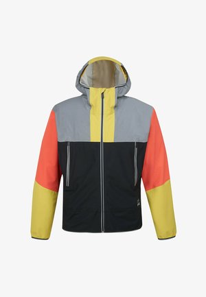 Colorful windbreaker jacket featuring a grey, yellow, black, orange design, with a hood, front zipper, and textured fabric accents.