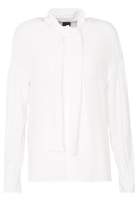 Blouse blanche à manches longues en tissu léger, avec un nœud au col, des épaules plissées et des poignets élastiqués pour un ajustement confortable.