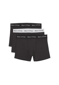Drei Paar Marc O'Polo Boxershorts. Zwei sind dunkelgrau, eine ist hellgrau mit einem schwarzen Bund, der den Markennamen in weißem Text trägt.