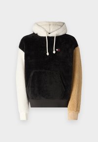 Hanorac din fleece cu corp negru, glugă crem și mâneci bej. Dispune de un buzunar frontal și șnur de ajustare, textură moale și detaliu cu logo.
