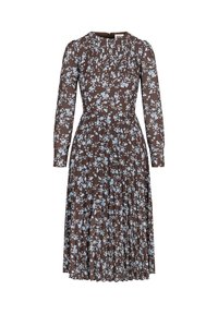 Bruine bloemenjurk met lange mouwen, voorzien van lichtblauwe bloemenpatronen, geplisseerde rok en een ronde halslijn. Ritssluiting aan de achterkant.