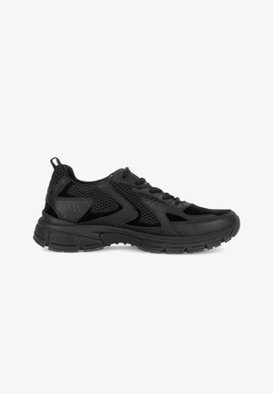 Schwarze Sportschuhe mit einem Mesh-Obermaterial und synthetischen Akzenten. Verfügt über eine strukturierte Gummisohle und ein Schnürdesign für einen sicheren Sitz.