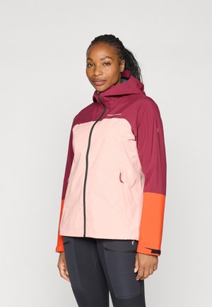 Lichtgewicht, waterafstotende jack. Bevat een combinatie van bordeauxrood, roze en oranje panelen, verstelbare capuchon en een voormet rits.