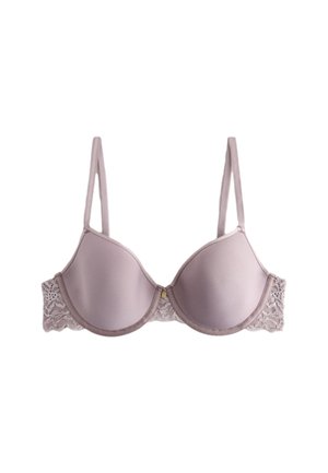 Reggiseno malva con coppe imbottite sagomate, pannelli laterali in pizzo, spalline regolabili e un piccolo dettaglio dorato al centro davanti.