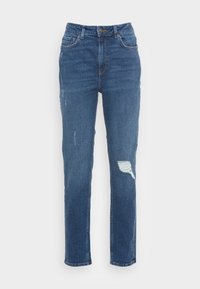 Jeans de denim azul com cintura alta, corte reto e um desgaste sutil, apresentando um detalhe de joelho rasgado e um estilo clássico de cinco bolsos.