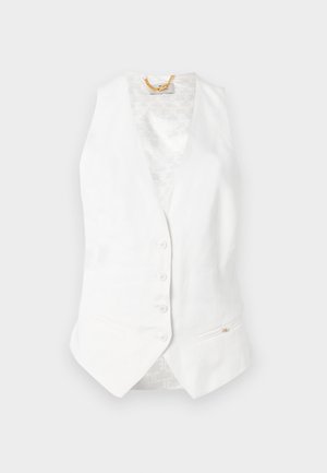 Gilet bianco in lino con scollatura a V profonda, sei bottoni e tasca laterale. Interno foderato con un tessuto a motivi sottili. Accenti dorati visibili.