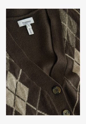 Brown knit cardigan with a diamond pattern in beige and light brown. Features a v-neck, button closures, and textured fabric.