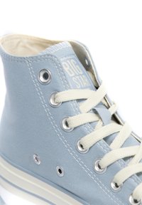 Zapatilla alta de lona en color azul claro, con cordones blancos, ojales de metal y un parche con el logo en el tobillo. Textura suave en toda la superficie.