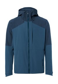 Giacca semi-adattata da uomo in blu scuro, realizzata in tessuto leggero; presenta una chiusura frontale con zip, un cappuccio regolabile e pannelli a contrasto sulle spalle.