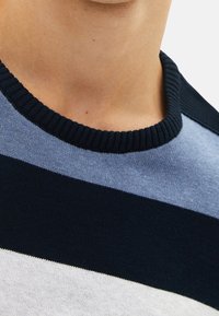 Strickpullover mit horizontalen Streifen in Dunkelblau, Hellblau und Weiß. Ribbenkragen und weiche Textur.