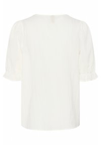 Top bianco a maniche corte con scollatura rotonda, maniche puff, e dettagli arricciati sui bordi delle maniche, realizzato in materiale leggero.