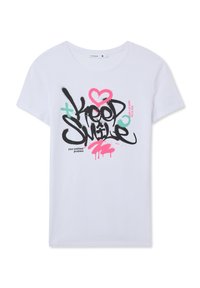 T-shirt bianca in cotone con testo in stile graffiti nero e rosa. Il design include un cuore, accenti moderni e una vestibilità comoda.