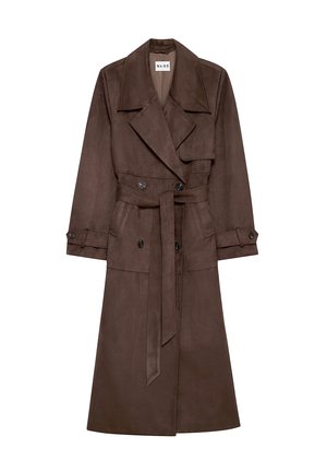 Brown faux suede belted trench coat with a wide collar, long sleeves, and double-breasted front buttons. Smooth texture and tailored fit.