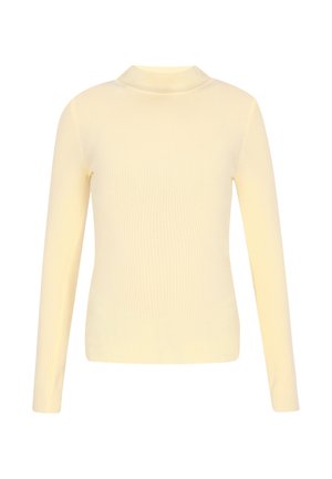 Gestreepte, lange mouwen gele coltrui met een aansluitende pasvorm; lichte textuur; minimalistische stijl zonder versieringen.