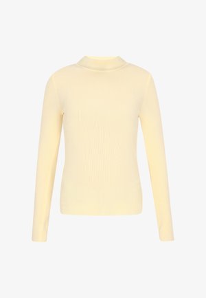 Gestreepte, lange mouwen gele coltrui met een aansluitende pasvorm; lichte textuur; minimalistische stijl zonder versieringen.