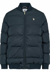 Marinblå pufferjacka med frontdragkedja, ribbat krage och manschetter, som har ett subtilt präglat mönster och en liten logoprägning på bröstet.