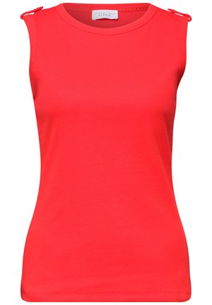 Débardeur rouge sans manches avec encolure arrondie et bretelles boutonnées aux épaules, coupe ajustée, en tissu côtelé.